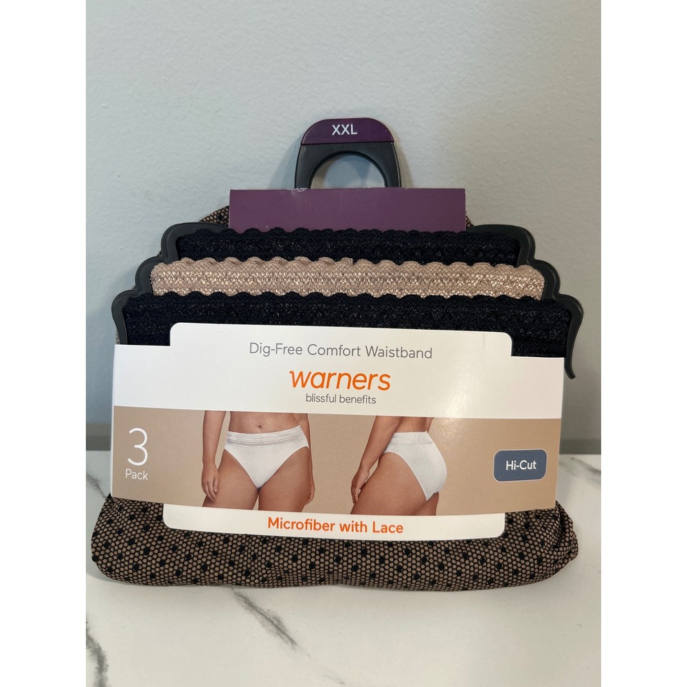 Warners Blissful Benefits 3 Pack Hi-Cut Panties 2XL Black Tan Microfiber Lace